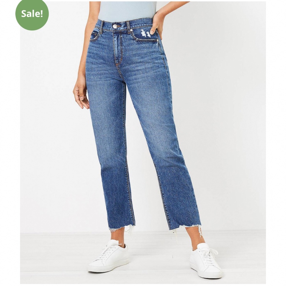 Ann Taylor Loft Distressed Hem High Rise Straight Crop Jeans